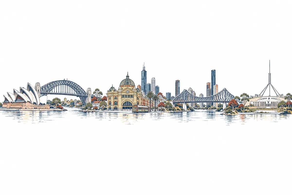 Line drawing of the Sydney Opera House and Harbour Bridge, Flinders Street Station, the Story Bridge and Parliament House