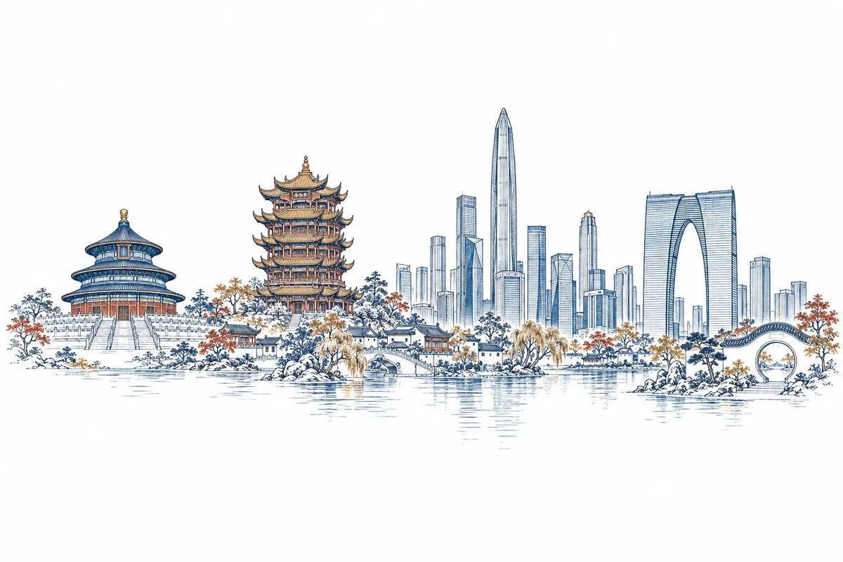 北京天坛、武汉黄鹤楼、深圳高楼、苏州东方之门的线稿